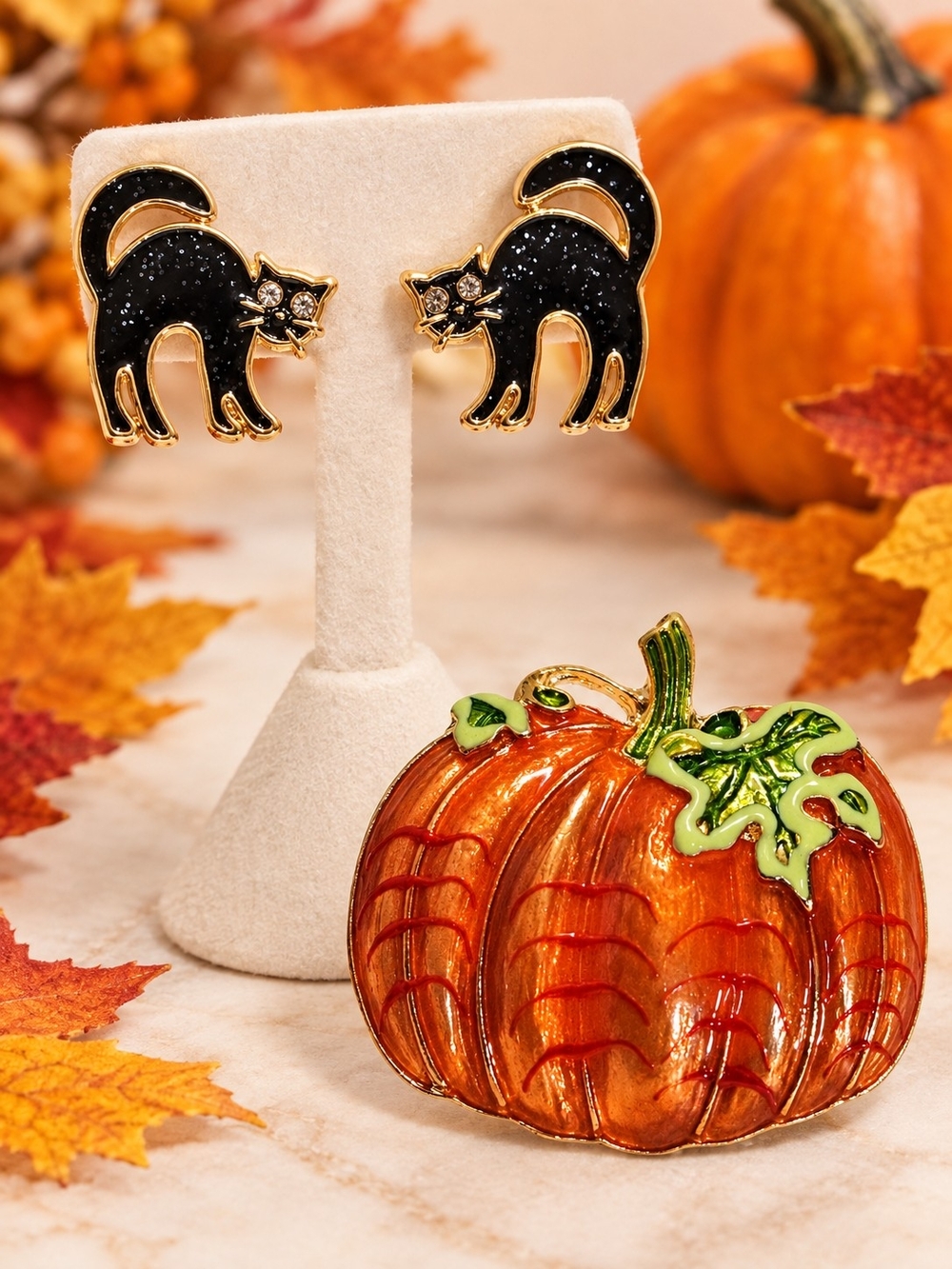 BaubleBar Black Cat Earrings & Orange Pumpkin Brooch Fall Bundle